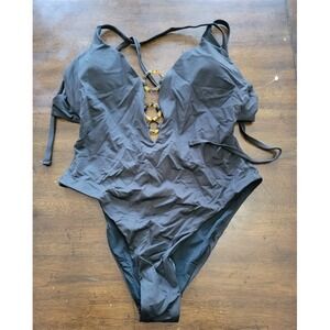 NWT Aqua Swim S 3 Ring Tie-Strap One Piece Swimsuit Black 121837